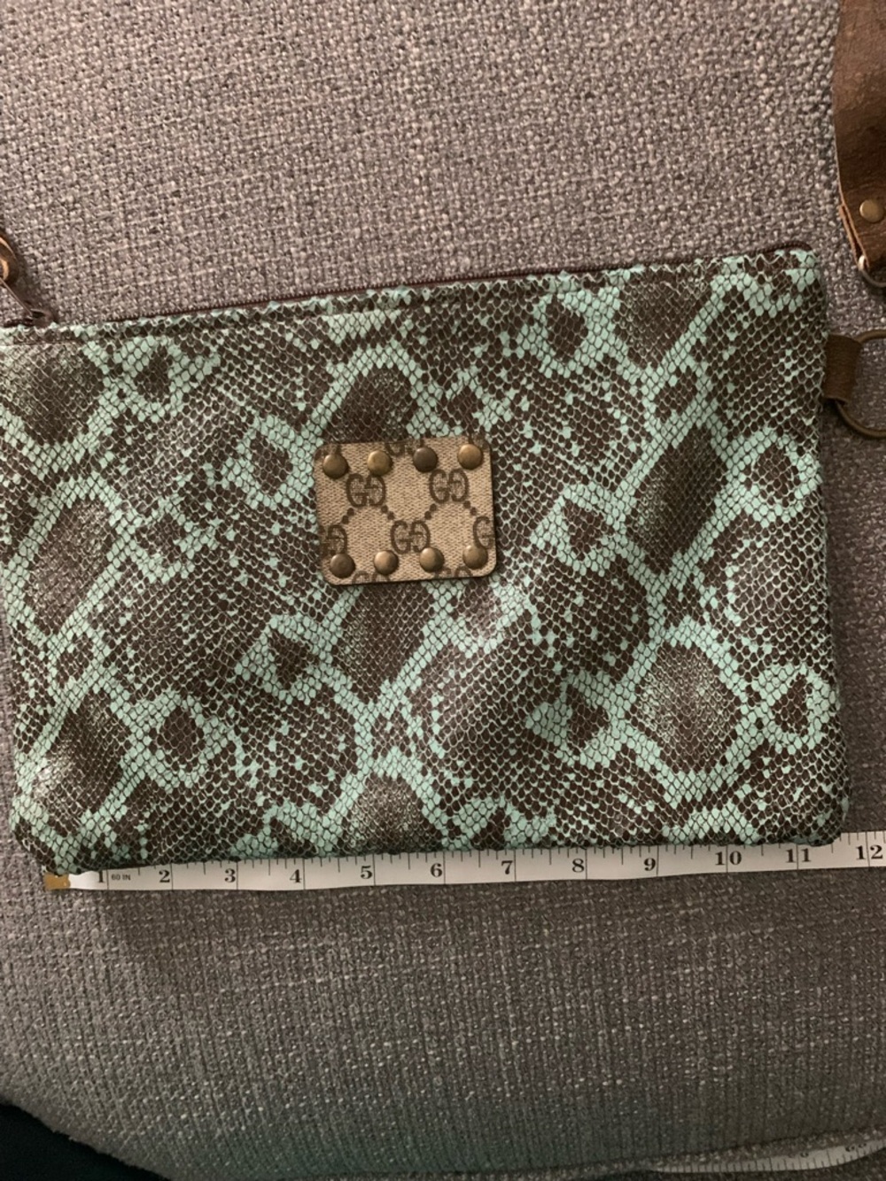 Snake-Print Crossbody Bag with Studded Logo Plate in Mint Green and Brown